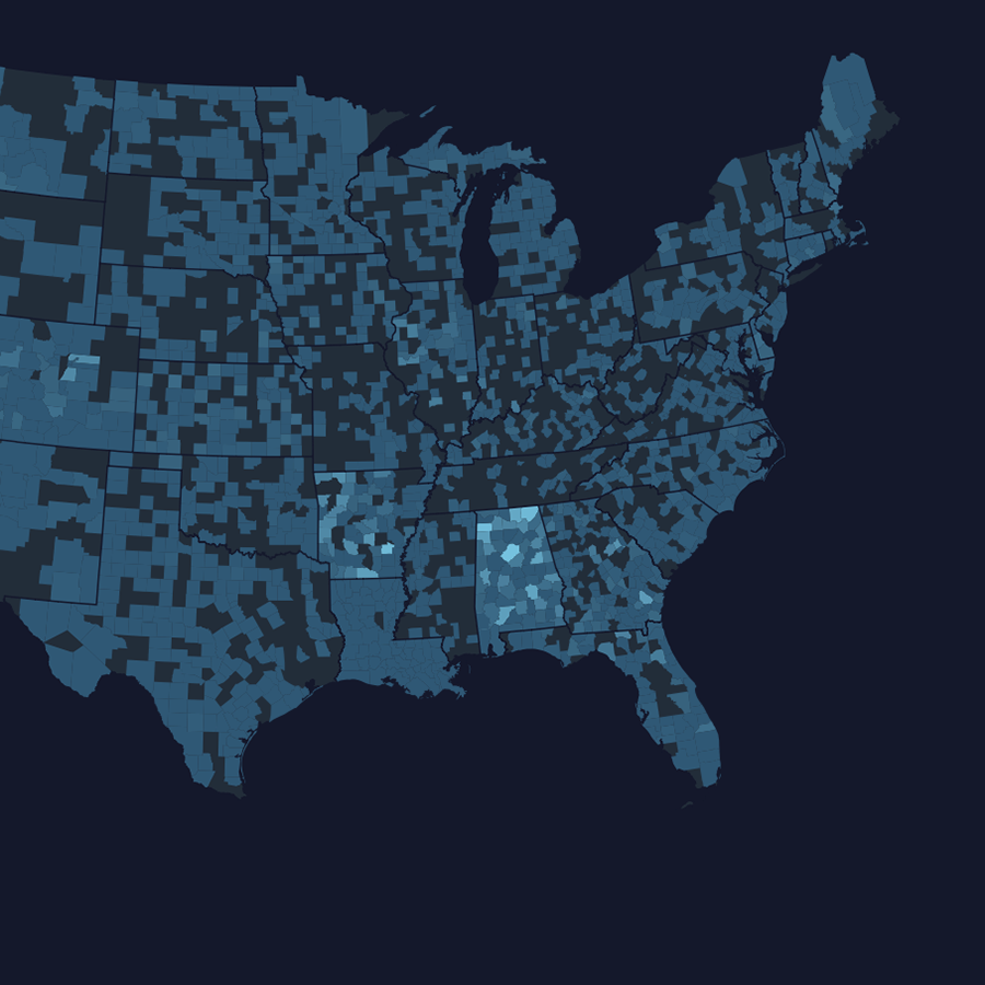 A zoomed-in portion of a US county map, colored according to data