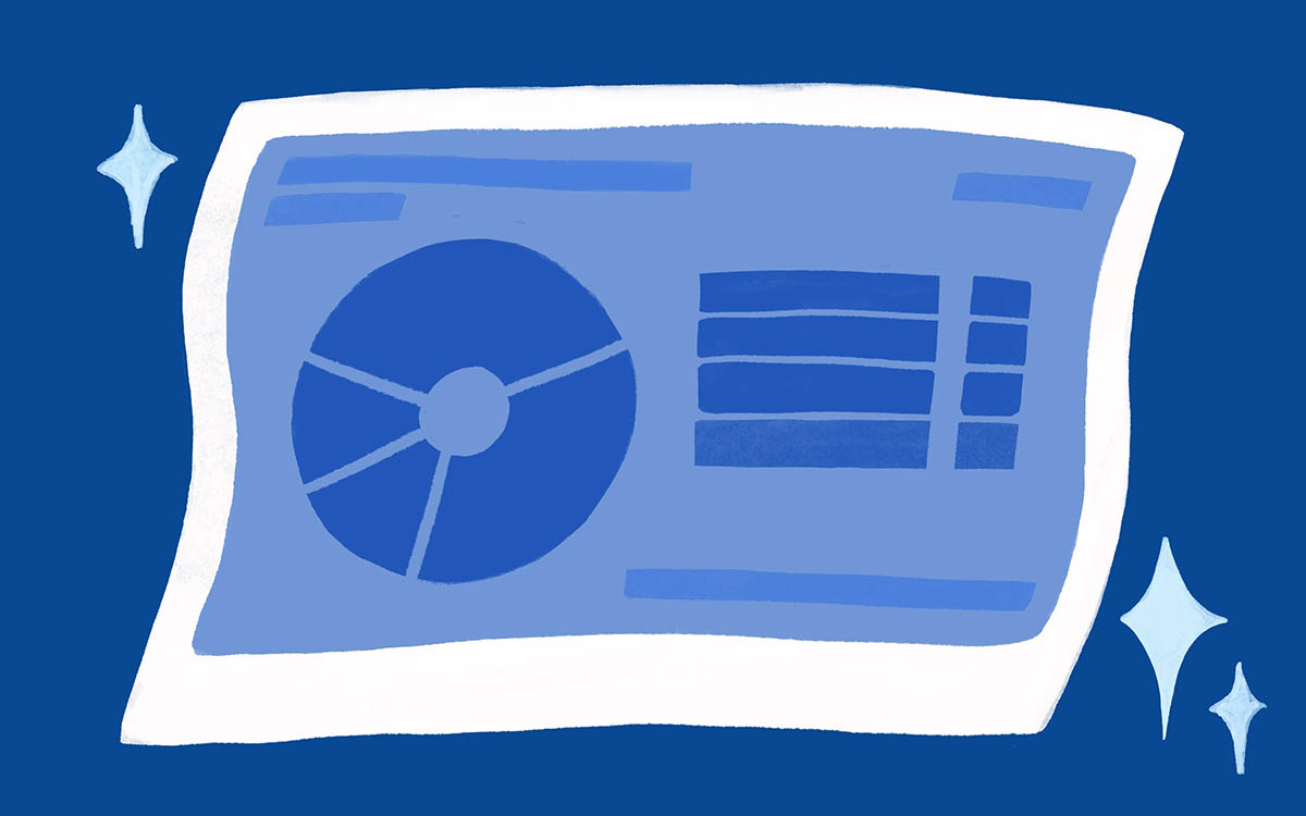 An illustration of a pie chart on a sparkling page.