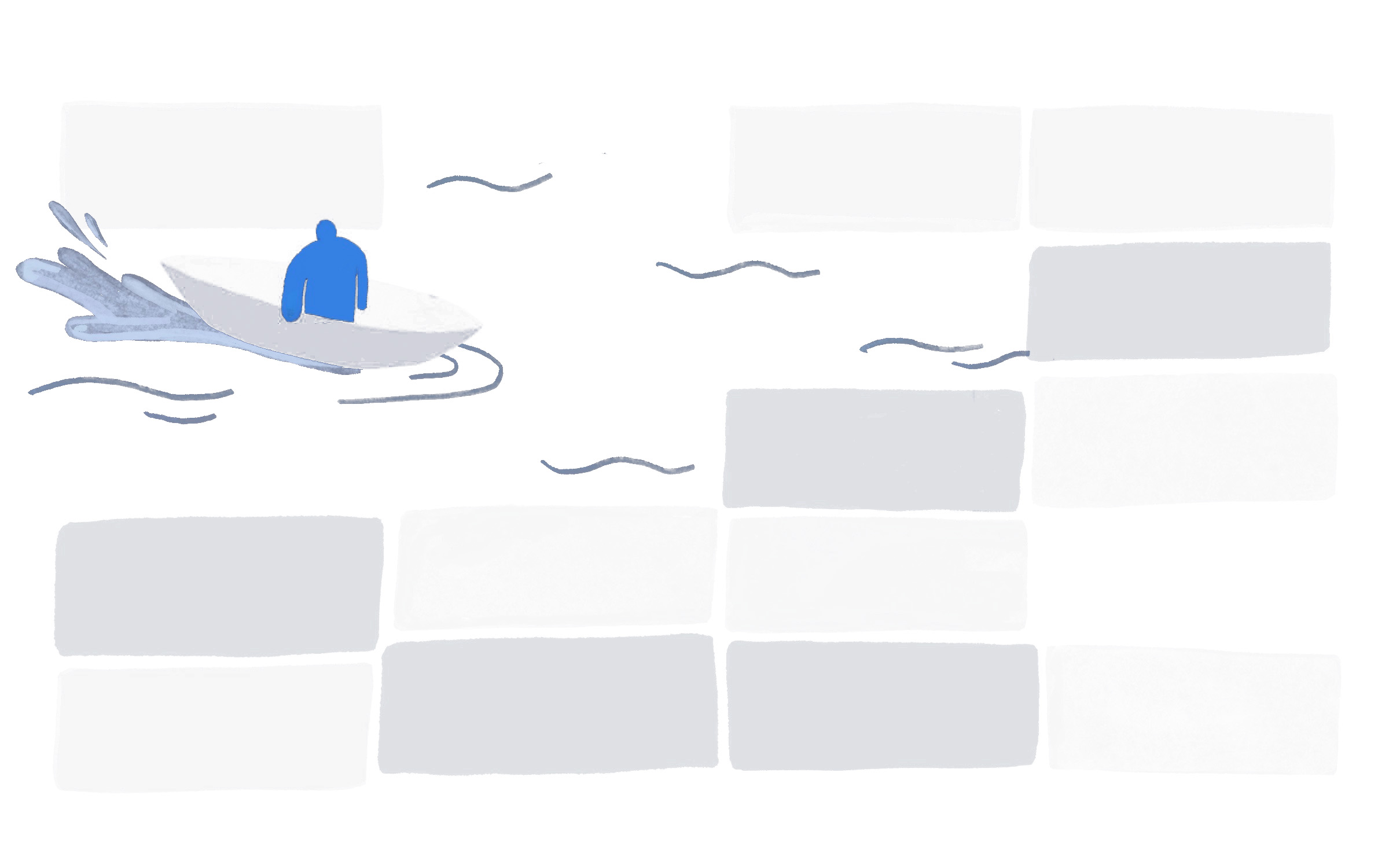 An illustration of a rowboat carrying a person through a sea of spreadsheet cells.